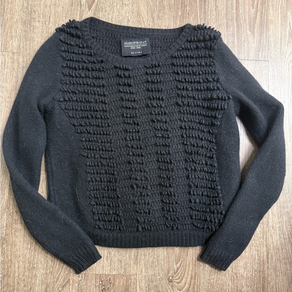 AllSaints Flix Sweater Black Wool Angora Textured Knit Pullover US 6